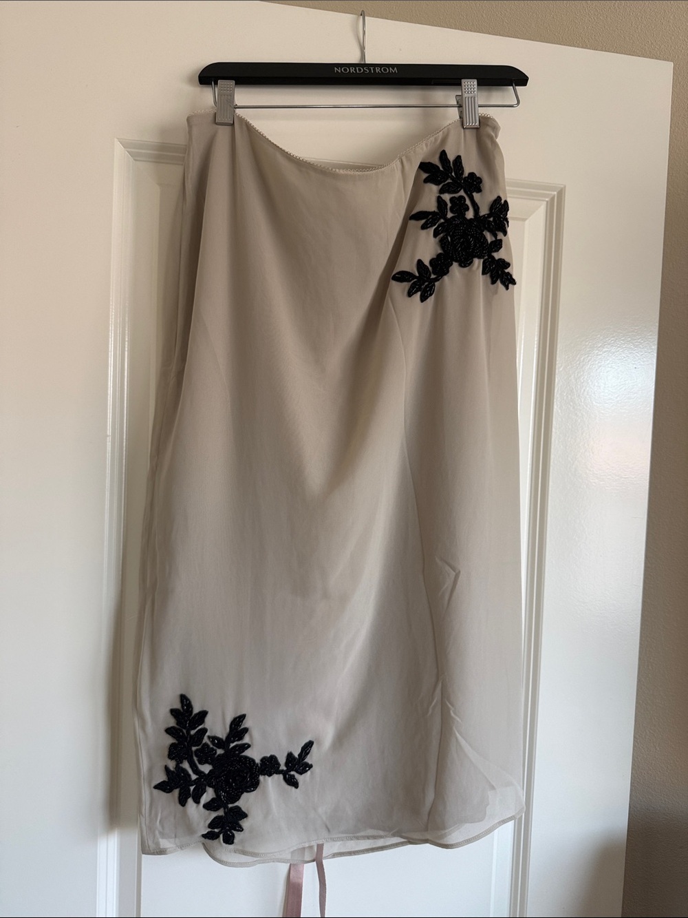 House of CB Cream Midi Skirt with Black Floral Appliqué